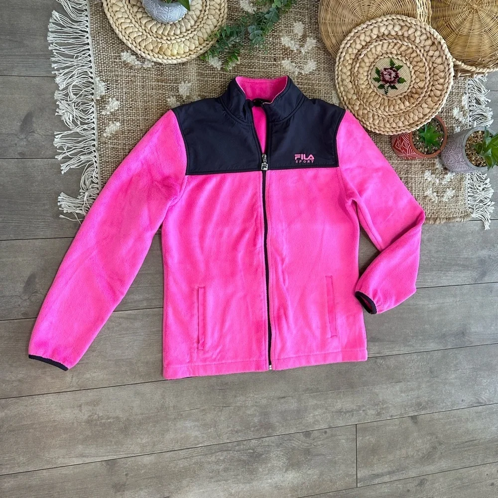 Fila Girls Sports Fleece Full Zip Jacket Ultra Soft Sz XL Hot Pink and Black